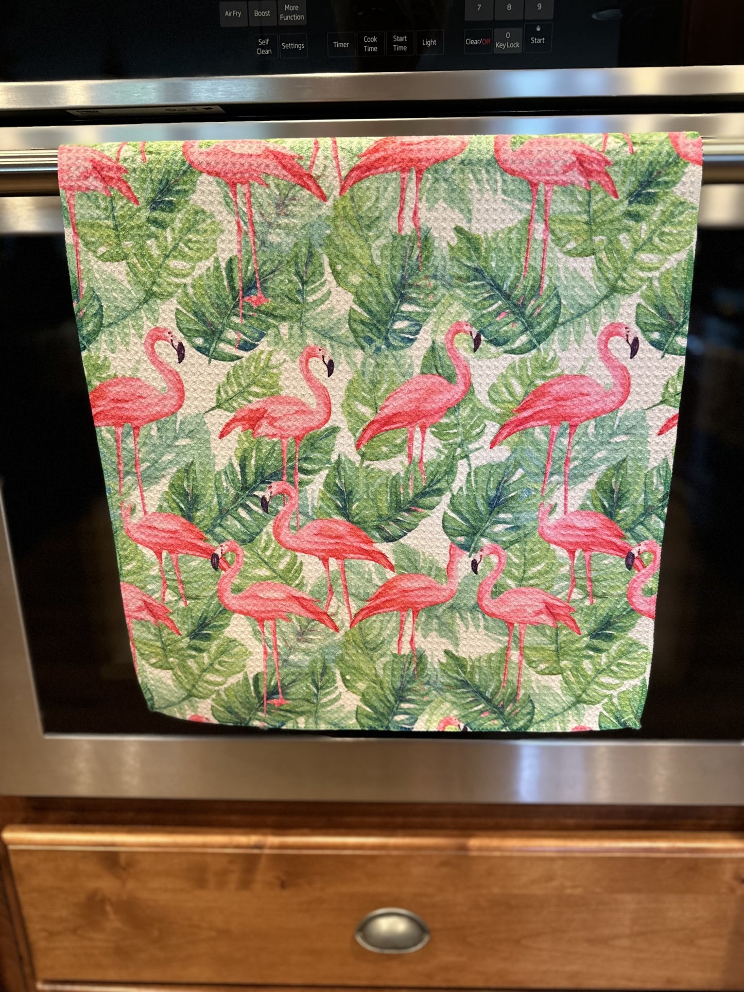 Flamingos & Leaves waffle kitchen towel