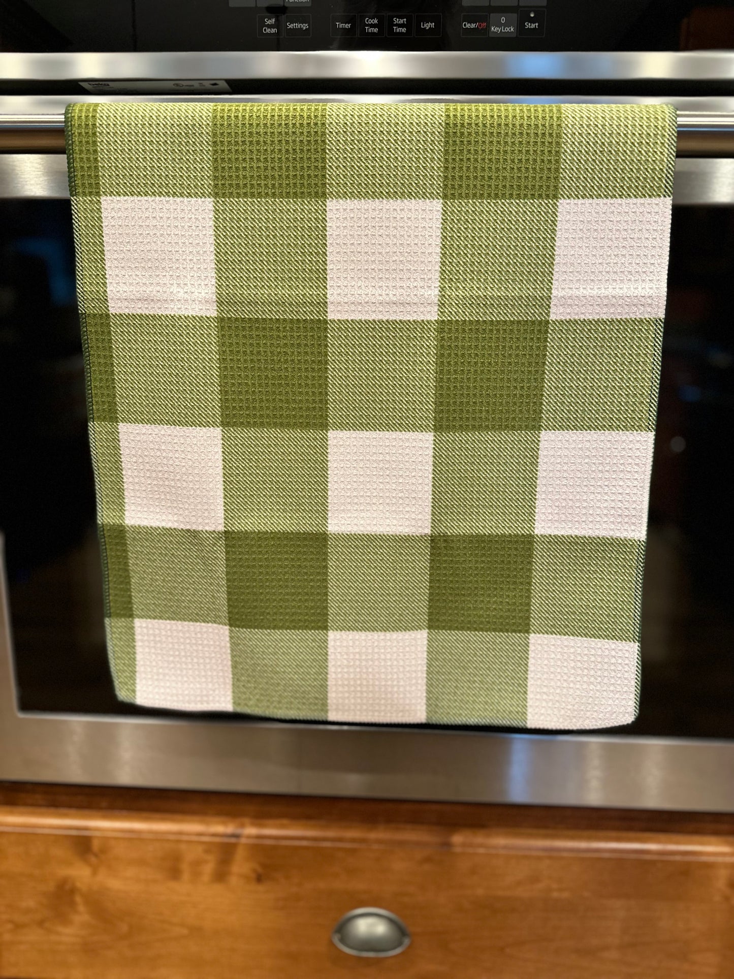 Green Plaid Waffle Kitchen Towel