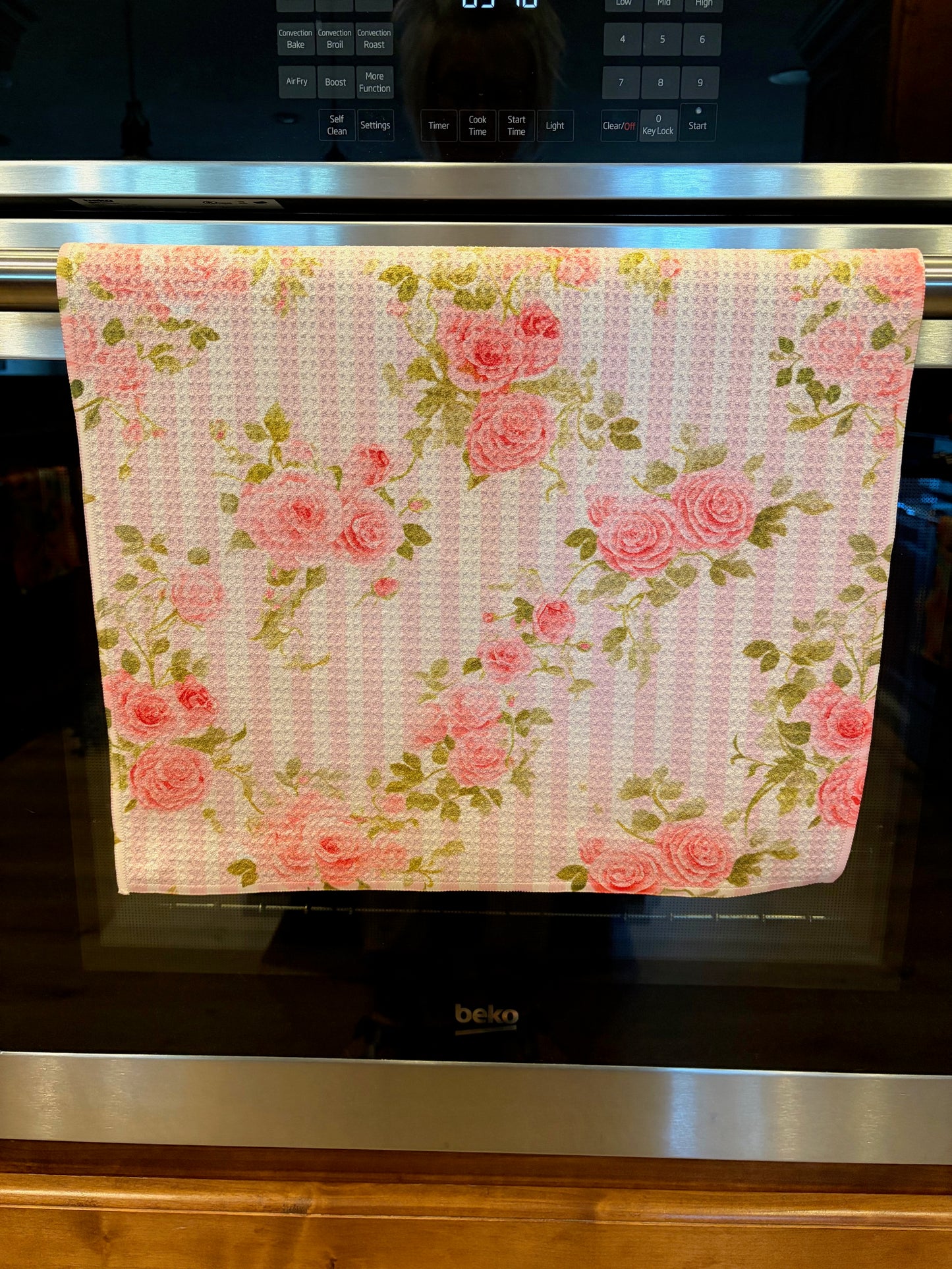 Pink Roses & Stripes Waffle Kitchen Towel