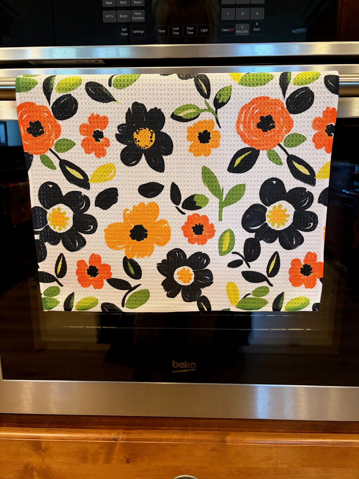 Yellow, Blue, Orange Flowers Waffle Kitchen Towel