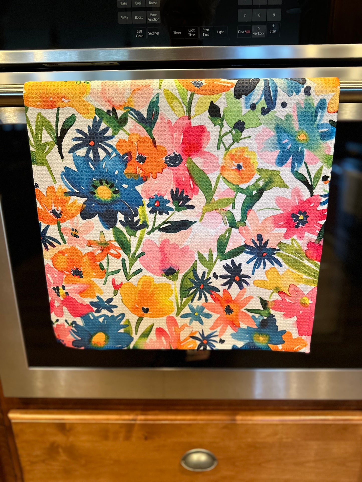 Vivid watercolor floral waffle kitchen towel