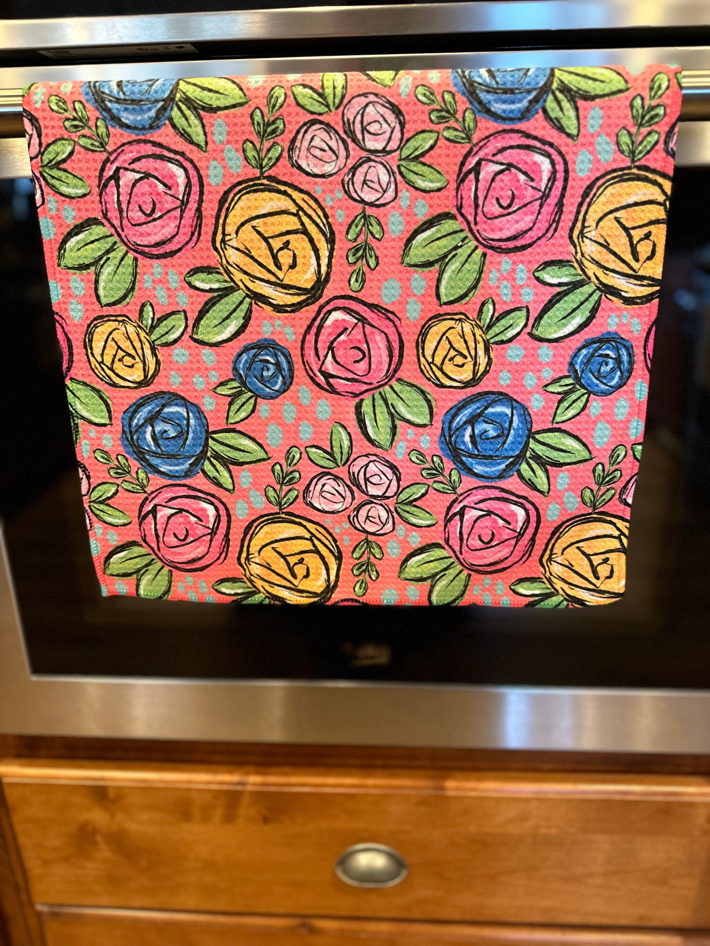 Painted floral waffle kitchen towel