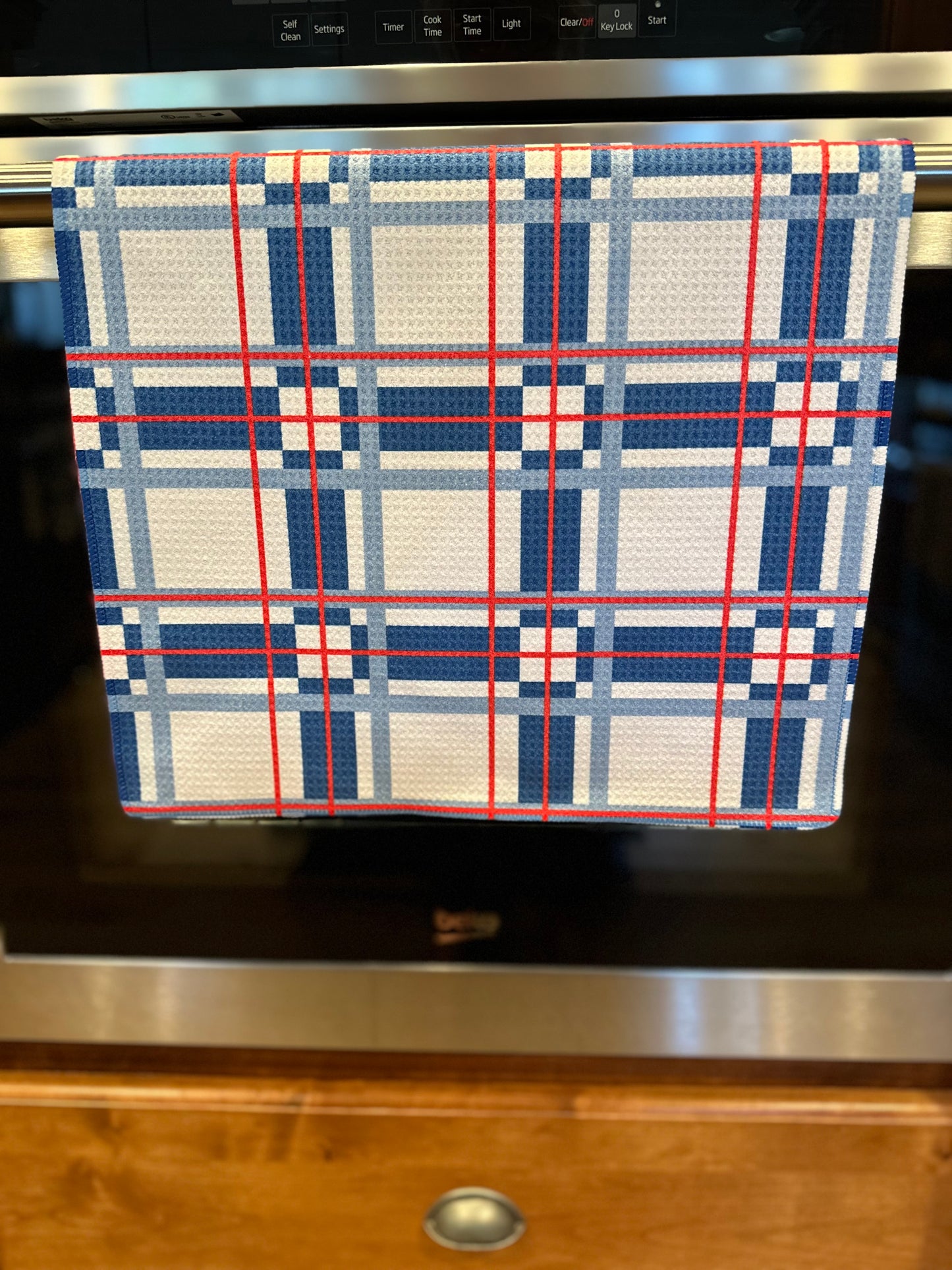 Red, White, & Blue plaid waffle kitchen towel