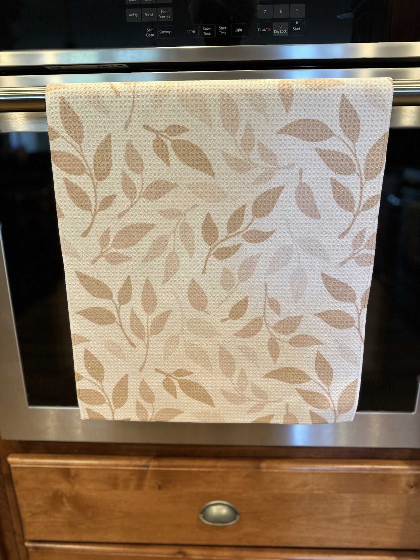 Tan Modern Leaves Waffle kitchen towel