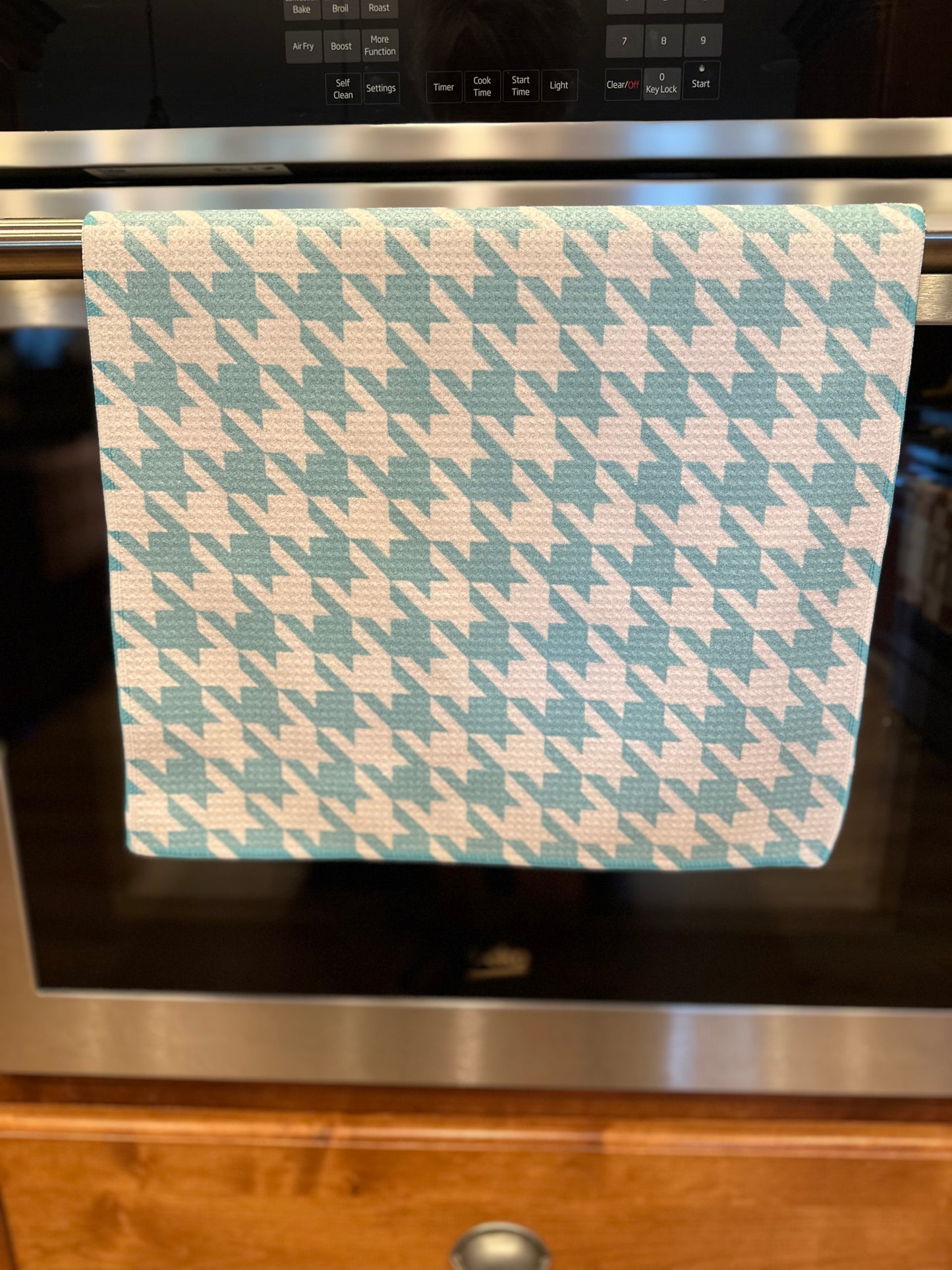 Teal Hounds tooth Waffle kitchen towel