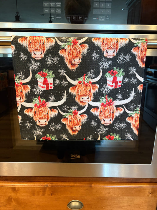 Christmas highland cows waffle kitchen towel