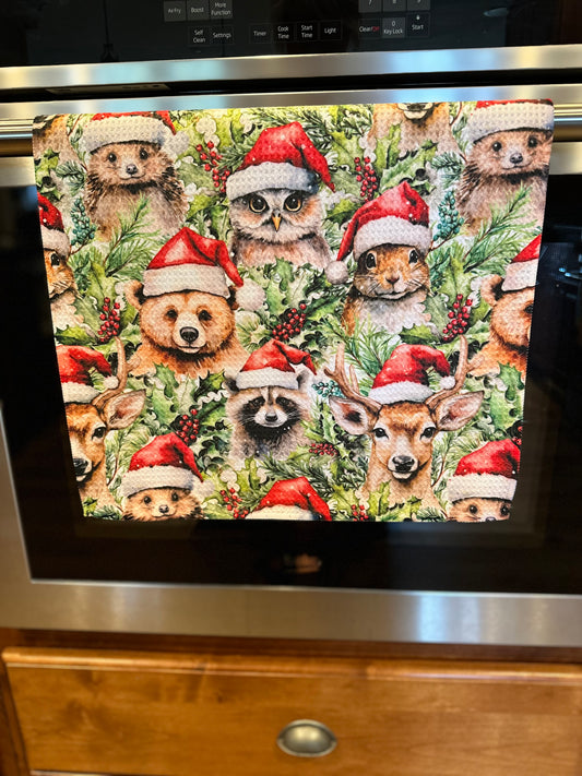 Woodland Christmas Animals Waffle Kitchen Towel