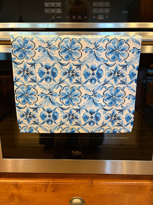 Blue Flower Tile Waffle Kitchen Towel