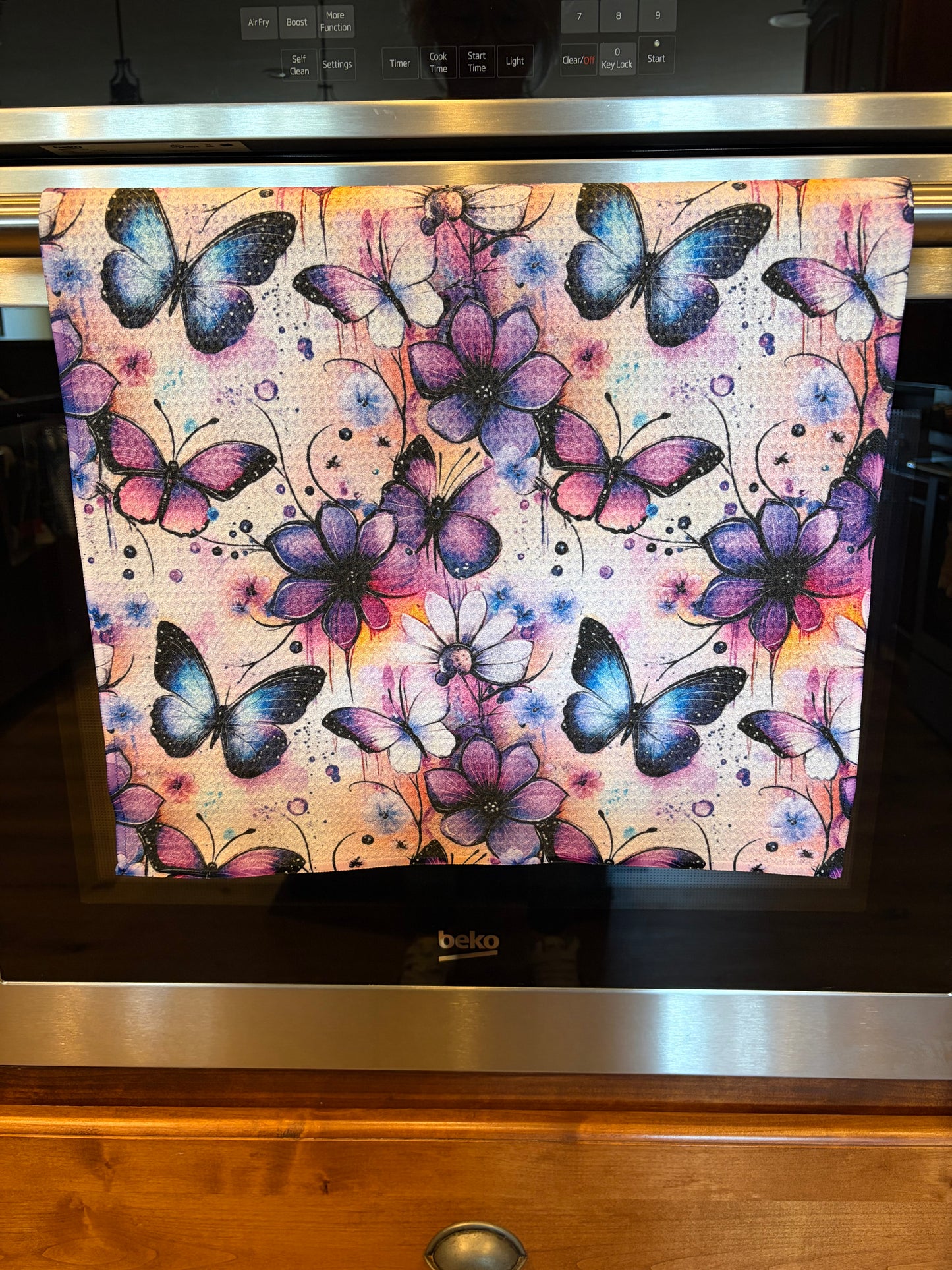 Purple flower & Butterflies Waffle Kitchen Towel