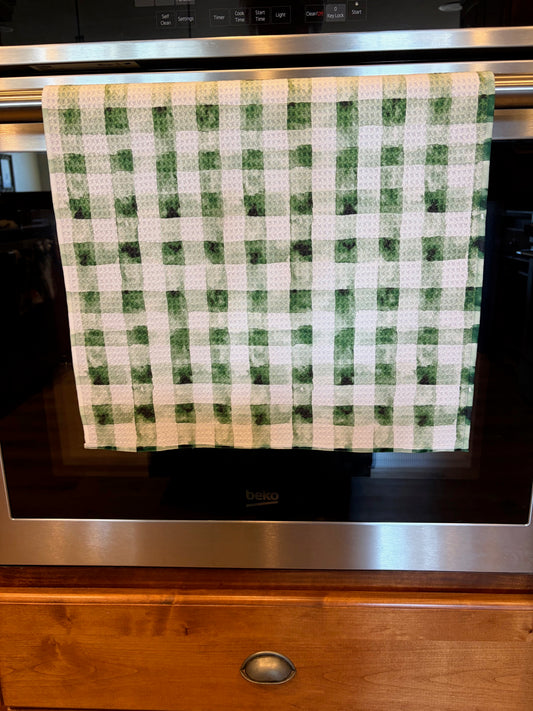 Green & White Checkered Waffle Kitchen Towel