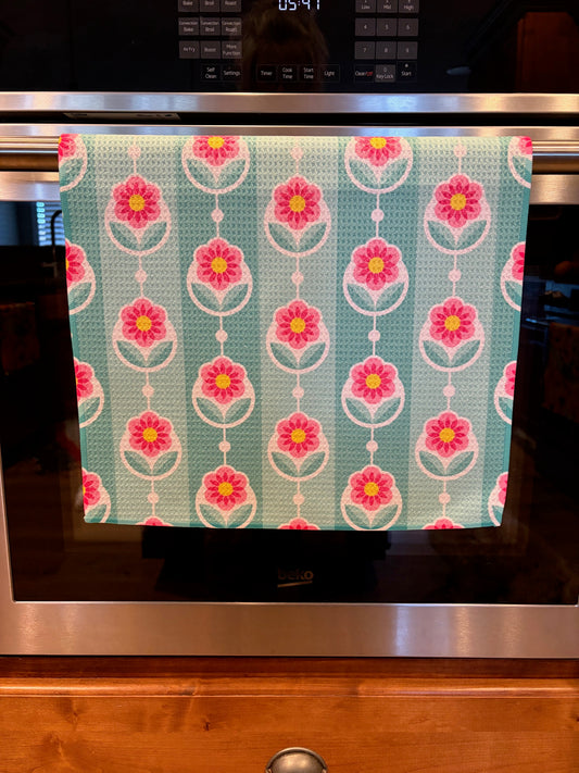 Retro Floral Blue Background Waffle Kitchen Towel
