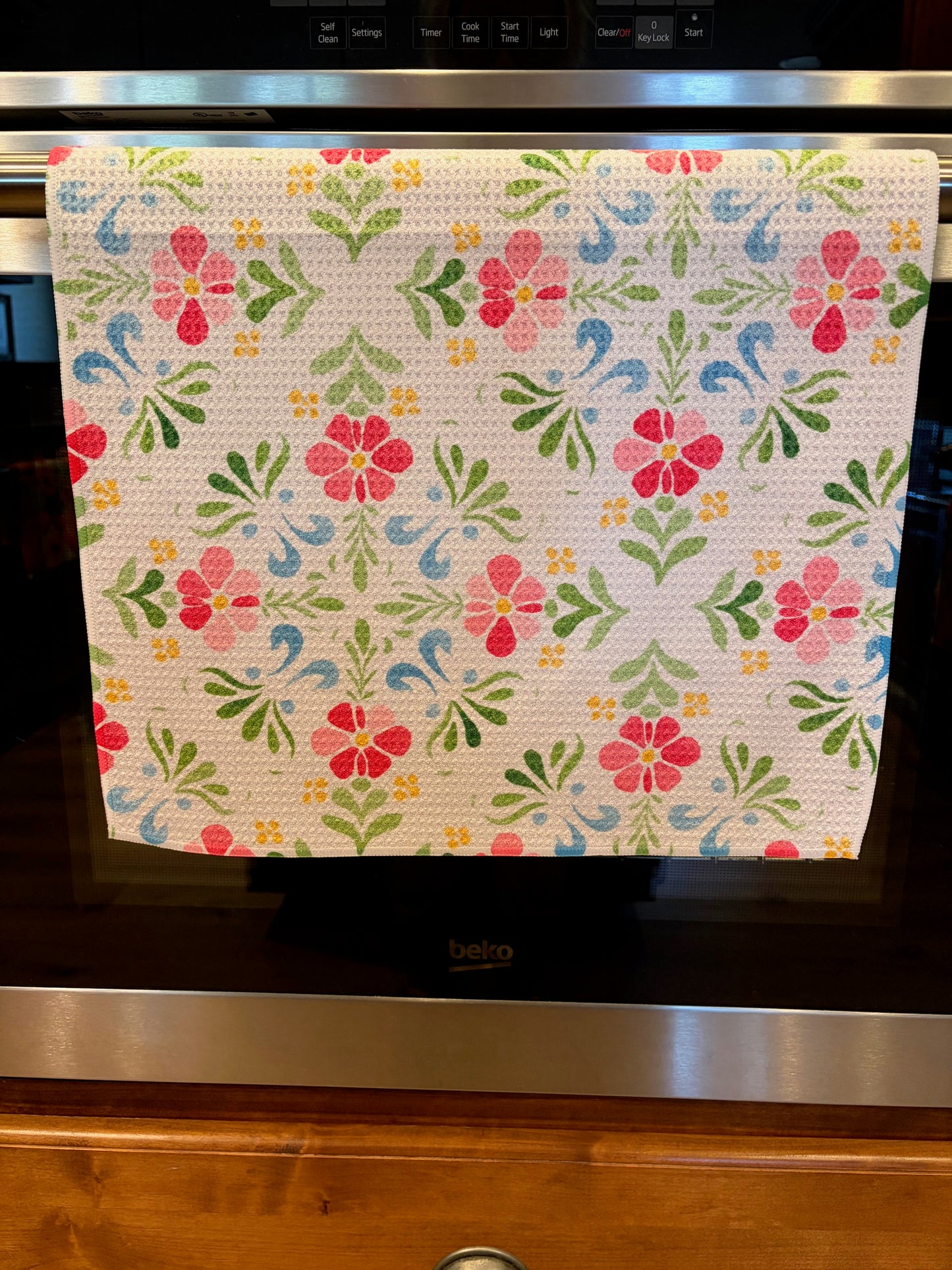 Pink Green Blue Floral Waffle Kitchen Towel