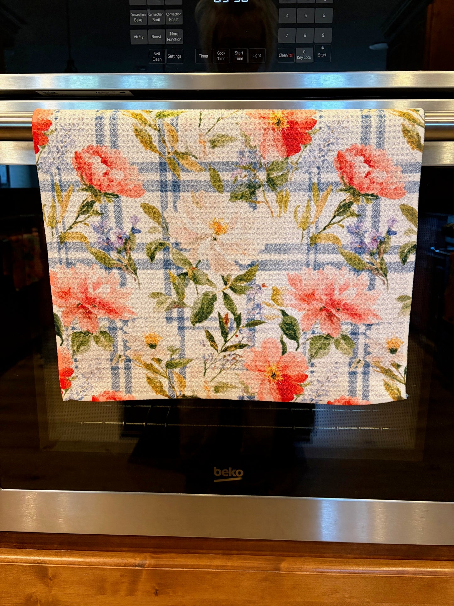 Pink Flowers & Blue Stripes Waffle Kitchen Towel