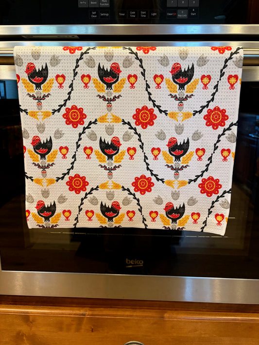 Red & Blue Rooster Waffle Kitchen Towel