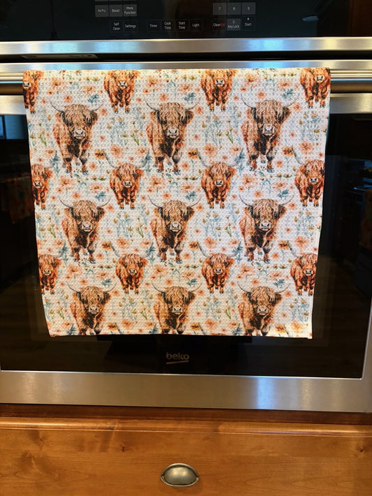 Highland Cows With Flowers Waffle Kitchen Towel