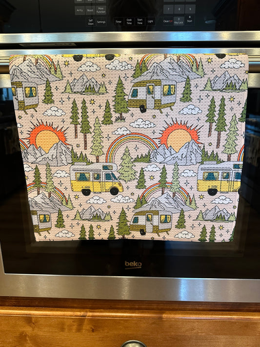 Retro Camping  Waffle Kitchen Towel