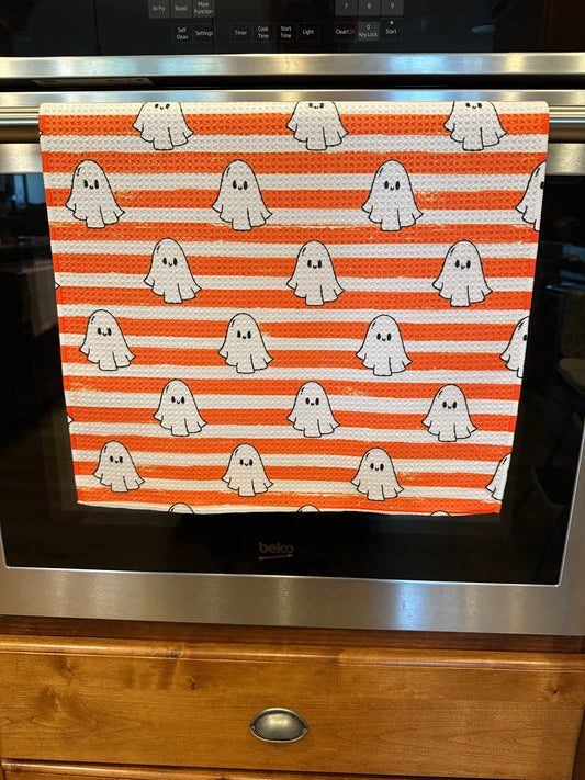 Orange Stripes & BOO Ghosts Waffle Kitchen Towel