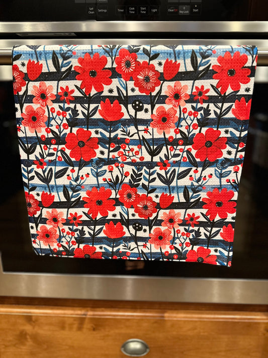 Blue stripes & floral Waffle Kitchen Towel