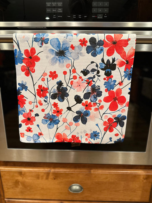 Pretty 4th Flowers Waffle Kitchen Towel