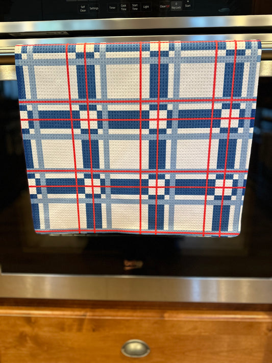 Red, White, & Blue plaid waffle kitchen towel