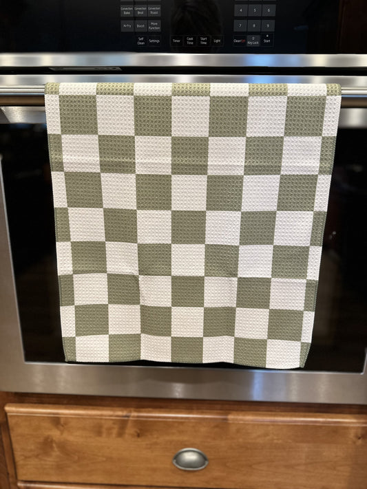 Sage green check Waffle kitchen towel