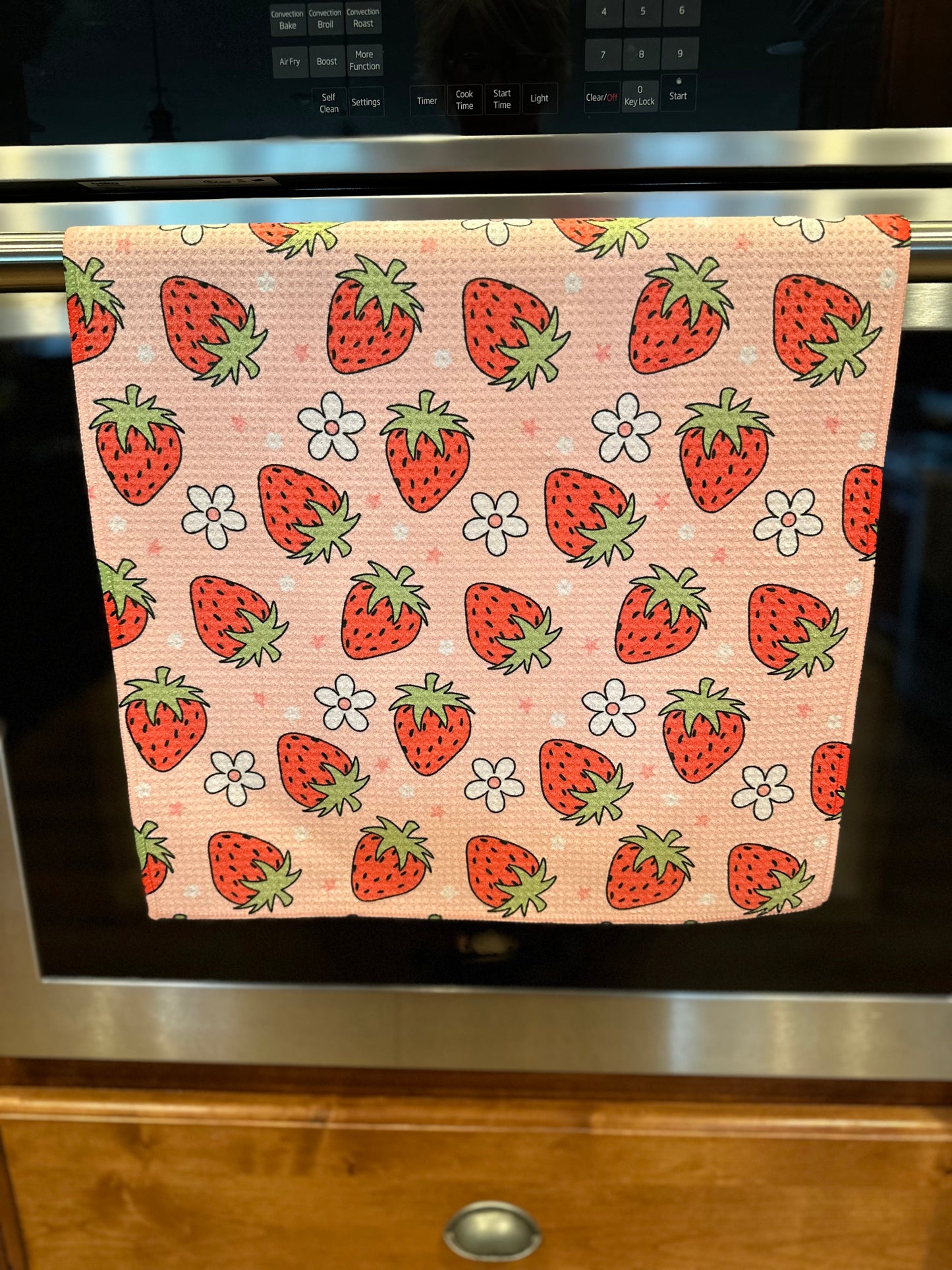 Strawberries with white flowers Waffle Kitchen Towel