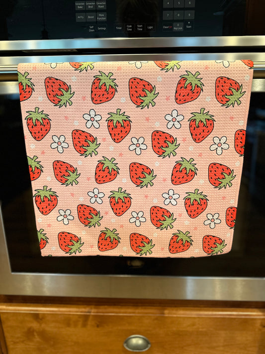 Strawberries with white flowers Waffle Kitchen Towel