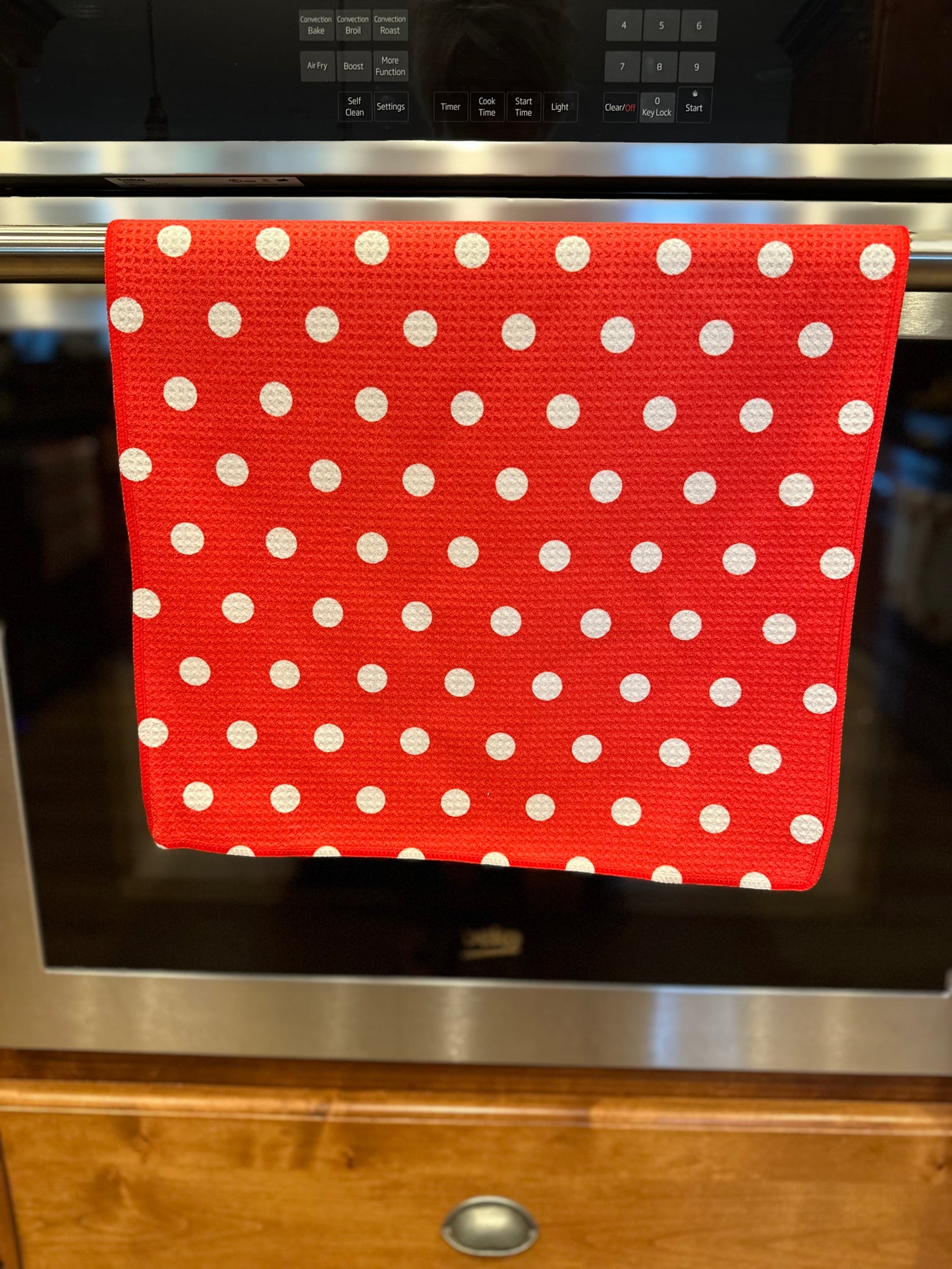 Vintage Red & White Dot Waffle kitchen towel