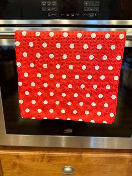 Vintage Red & White Dot Waffle kitchen towel